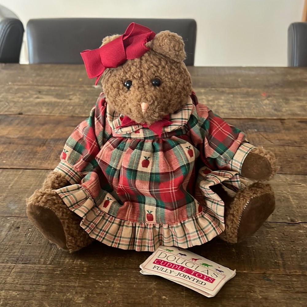 Vintage Douglas Cuddle Toys Teddy Bear Apple Plaid Dress Jointed Fuzzy Plush